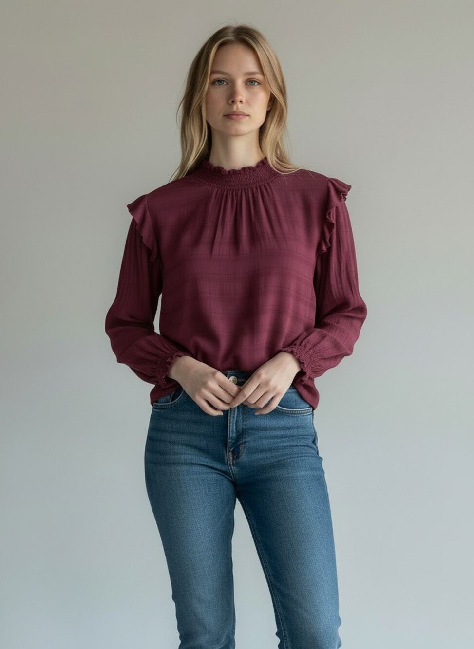 Sanctuary Smocked Mock Neck Ruffle Blouse Rhinestone Cuff Plum Women's S